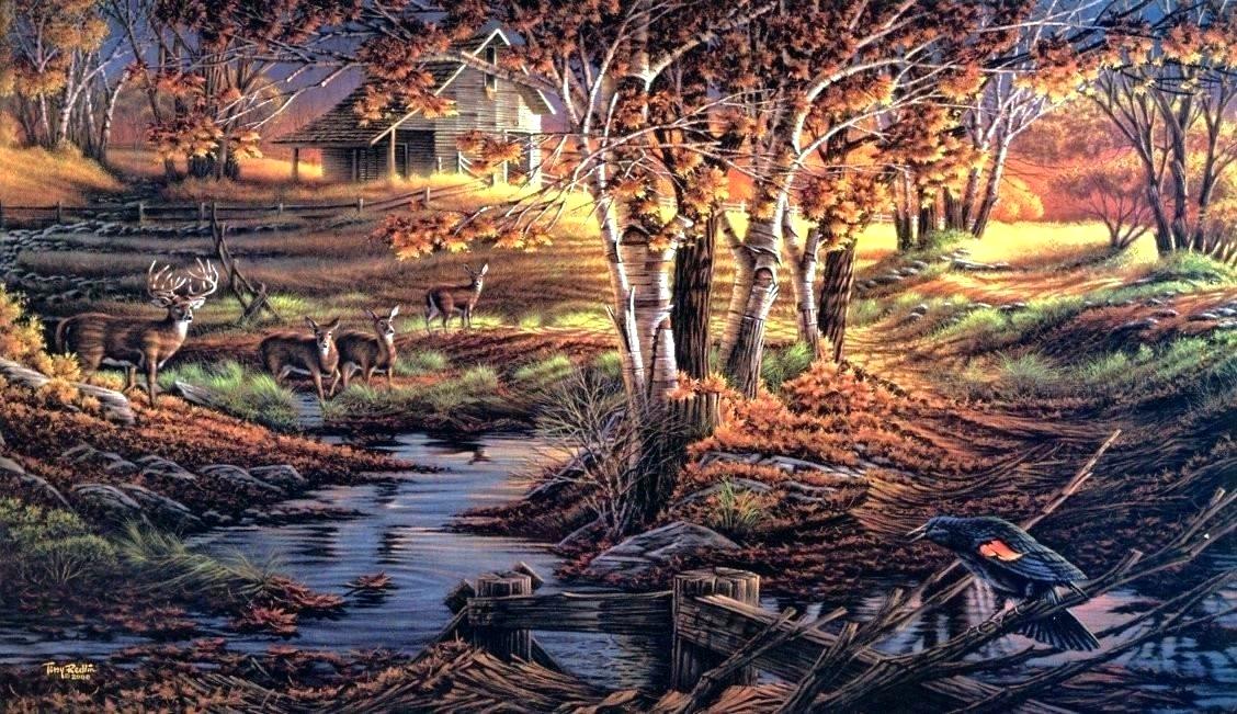 Country Scene Wallpaper Farm Scene Wallpaper Border - Fall Trees Wildlife Art - HD Wallpaper 