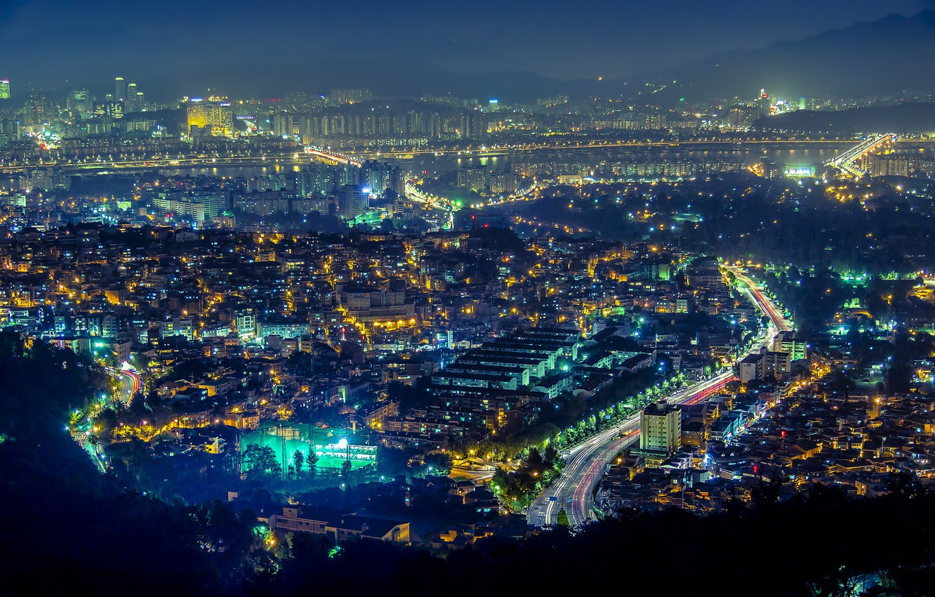 Photo Wallpaper Lights, Panorama, Skyscrapers, Seoul, - Cityscape Wallpaper Hd Night Seoul - HD Wallpaper 