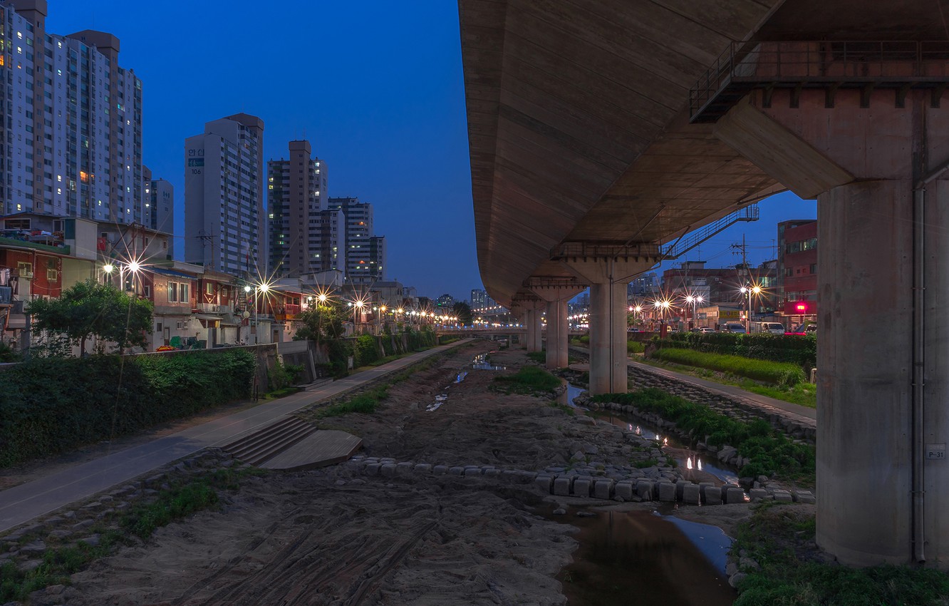 Photo Wallpaper Bridge, Lights, Home, The Evening, - Fondos De Corea Calles - HD Wallpaper 