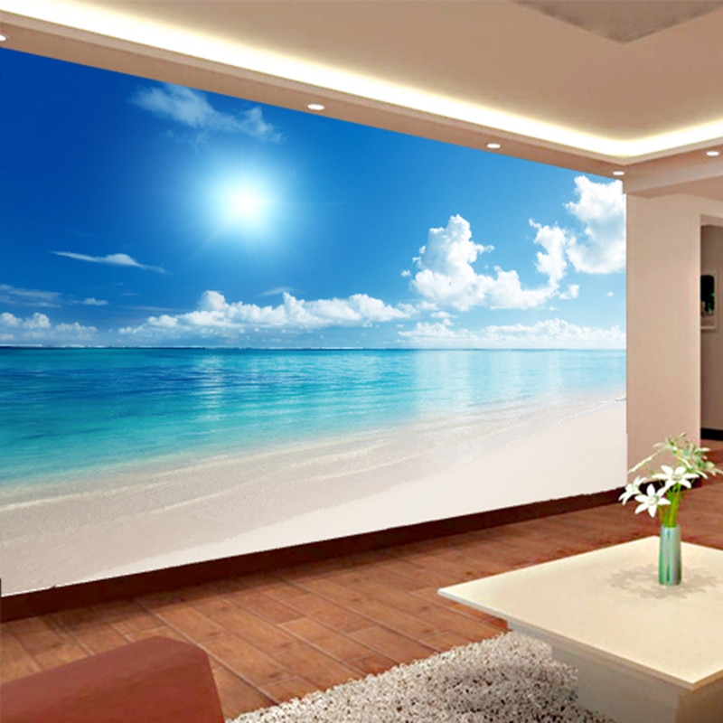 Wallpaper Dinding Kamar Tidur Motif Awan Di Langit - 3d Wallpaper Beach View - HD Wallpaper 
