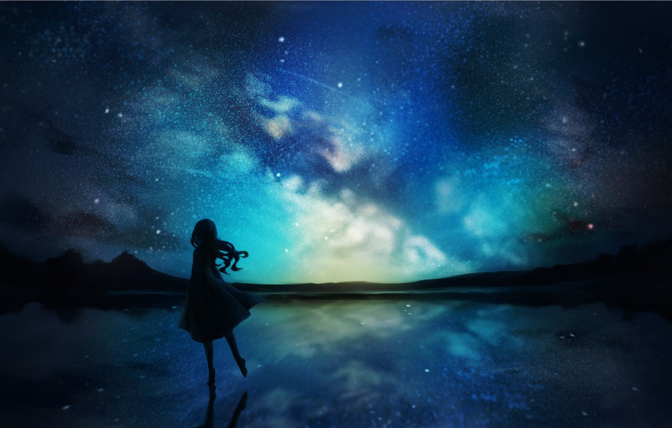 Photo Wallpaper The Sky, Water, Girl, Night, Nature - Reflection - HD Wallpaper 