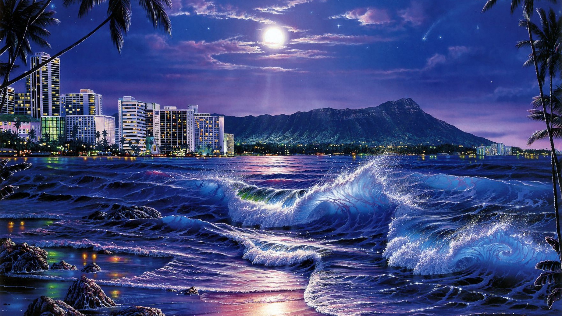Beach At Night Images Hd - Artwork Using Cool Colors - HD Wallpaper 