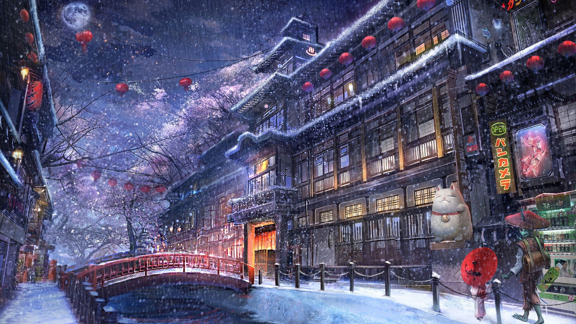 Wallpaper Of Horizon, Sea, Lighthouse, Night, Nature - Anime Snowy City Background - HD Wallpaper 