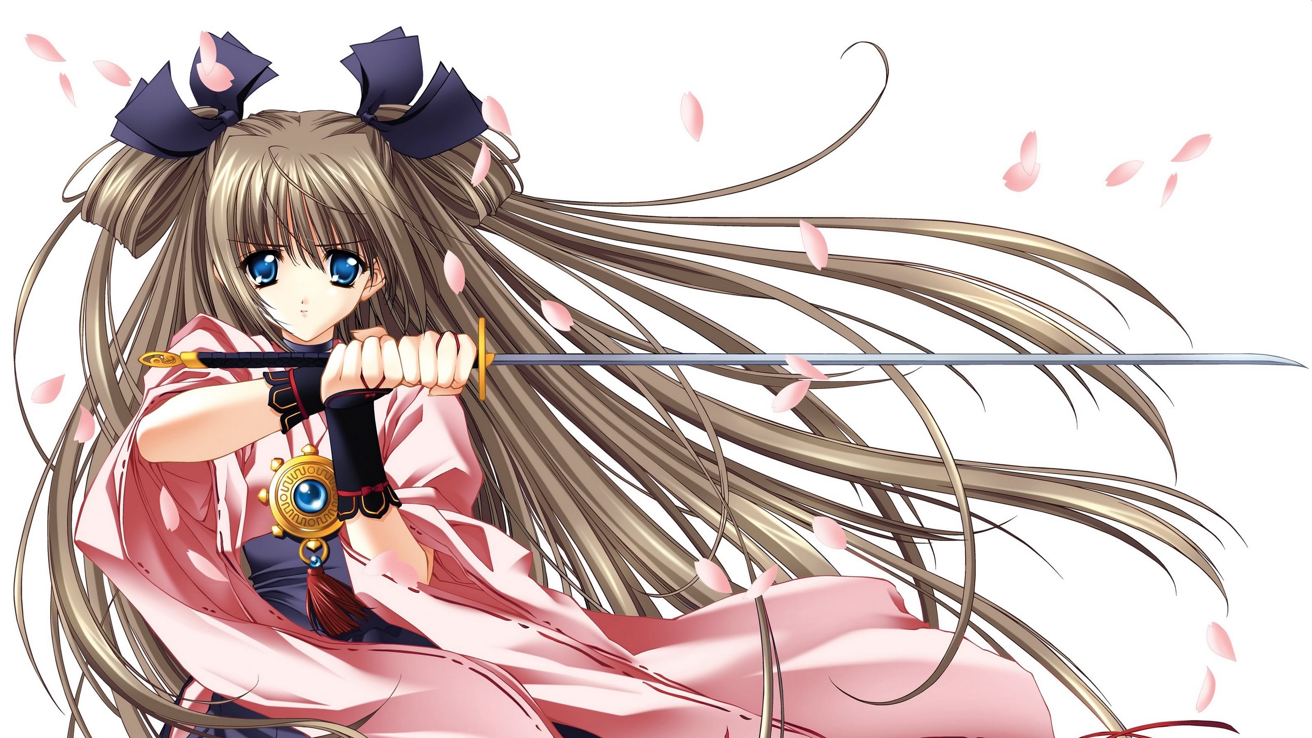 Wallpaper Anime, Girl, Kimono, Sword, Petals, Blow - Anime Girls In Kimono - HD Wallpaper 