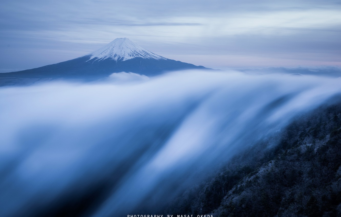 Photo Wallpaper Fog, Mountain, Stream, Morning, Japan, - Mountains Japan Clouds - HD Wallpaper 