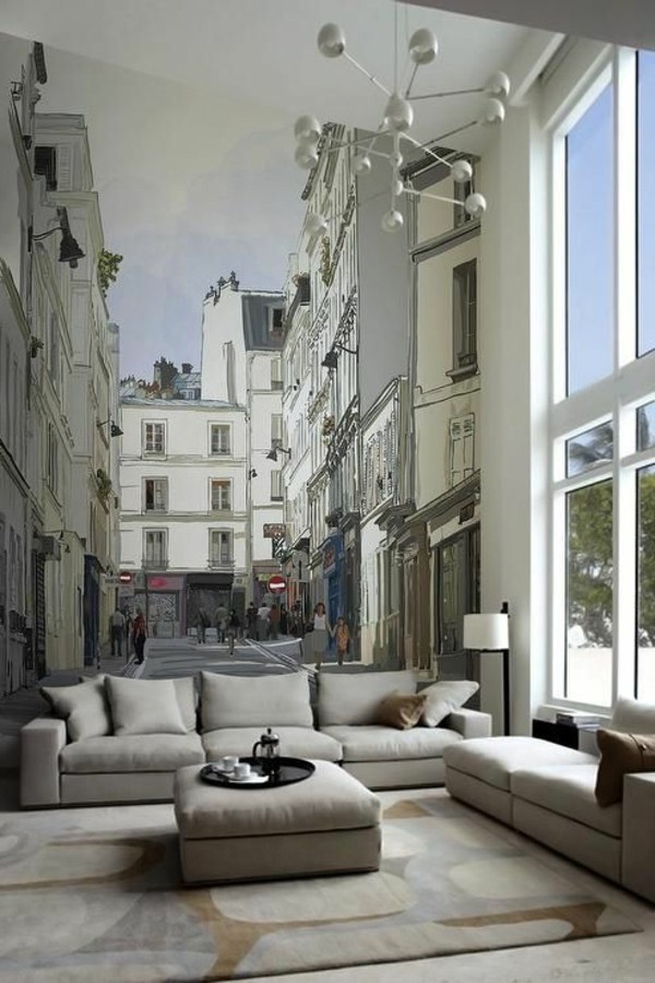 Fancy Wallpaper City Sofa - Living Room City Murals - HD Wallpaper 