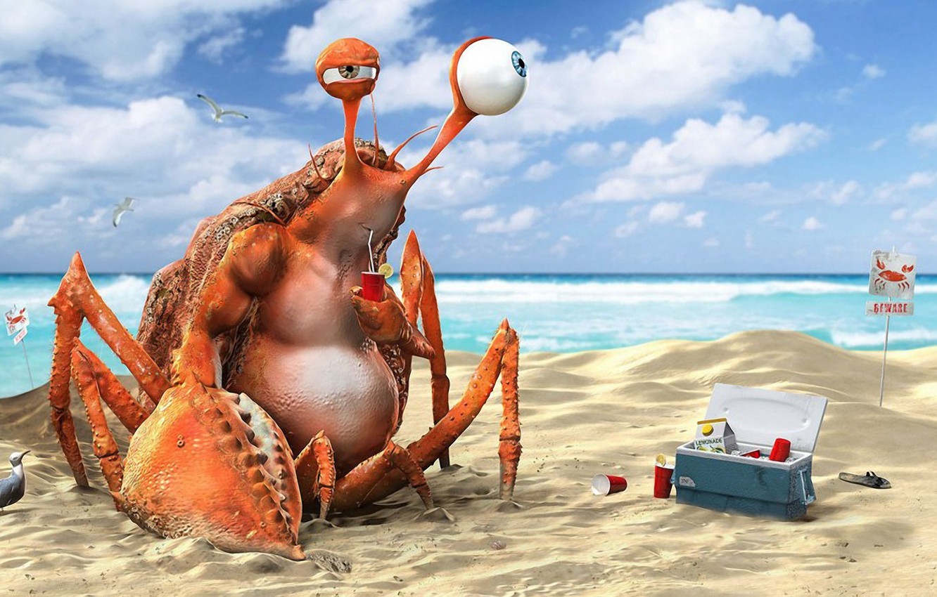 Photo Wallpaper Beach, Water, The Ocean, Crab, Drink, - Funny Crab - HD Wallpaper 