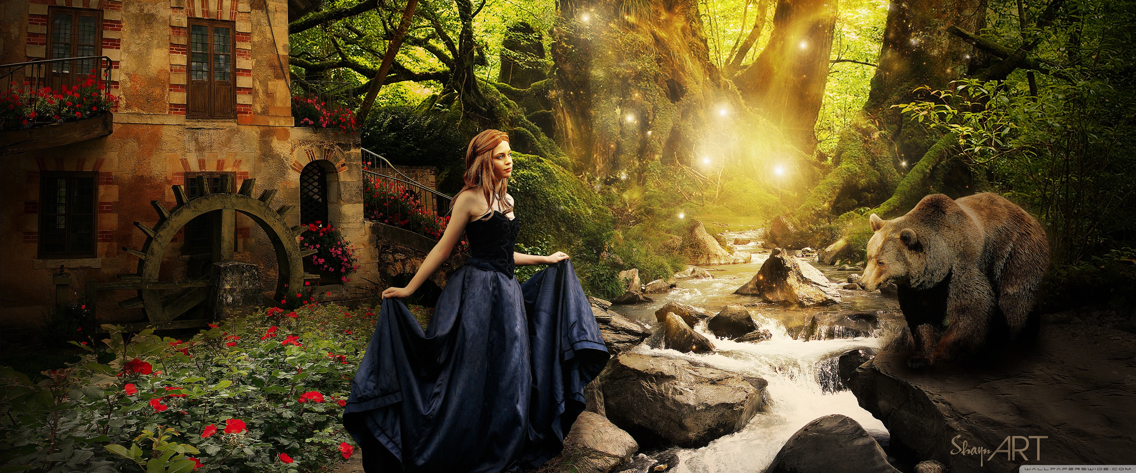 Fantasy Girl Bear Forest - HD Wallpaper 