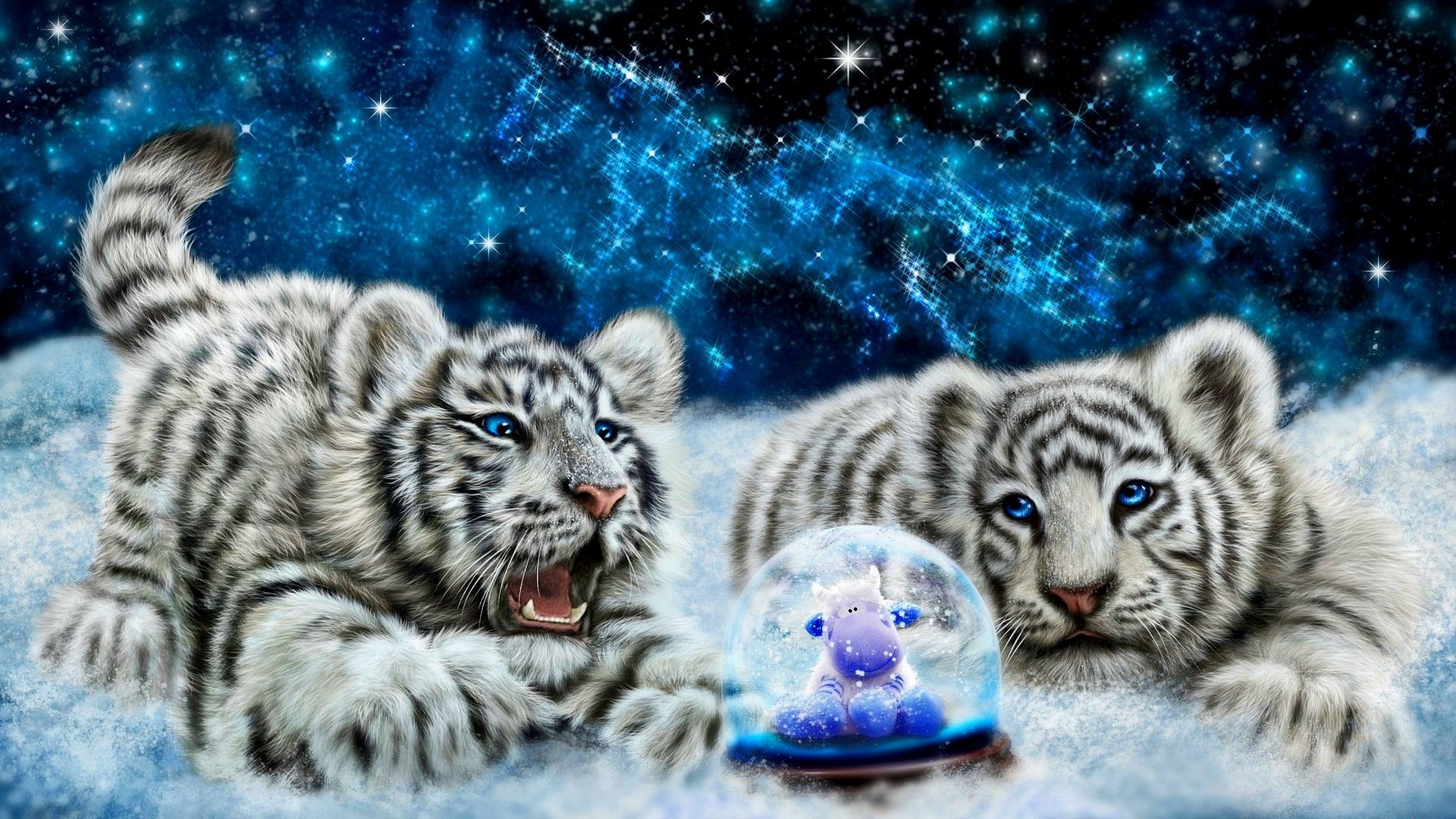 Cats Snow Globe Stars White Sky Cute Tiger Photos Gallery - White Cute Snow Tiger - HD Wallpaper 