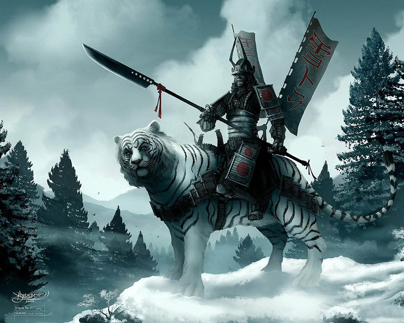 Japanese Warrior Mounted On Snow Tiger - White Tiger - HD Wallpaper 