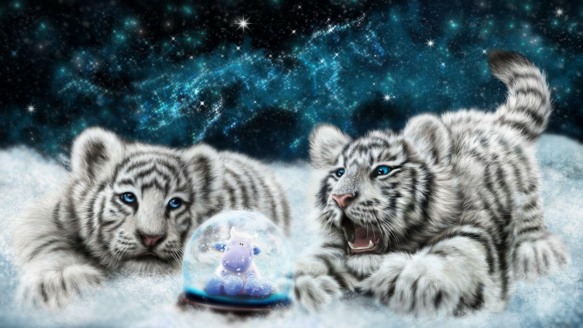 Hd White Tiger Cubs Looking At The Snowglobe Wallpaper - White Tiger Cubs In Snow - HD Wallpaper 