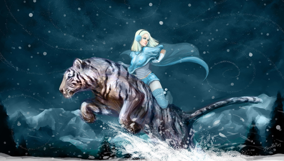 White Tiger, Mountains, Snow, Night, Anime, Winter, - White Tiger And Girl - HD Wallpaper 