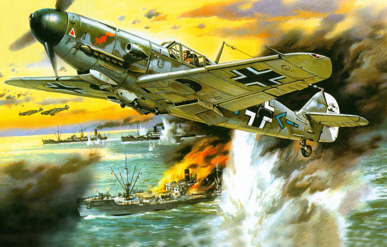 Photo Wallpaper Attack, Figure, Ships, Art, Messerschmitt, - Bf 109f 4 Messerschmitt - HD Wallpaper 