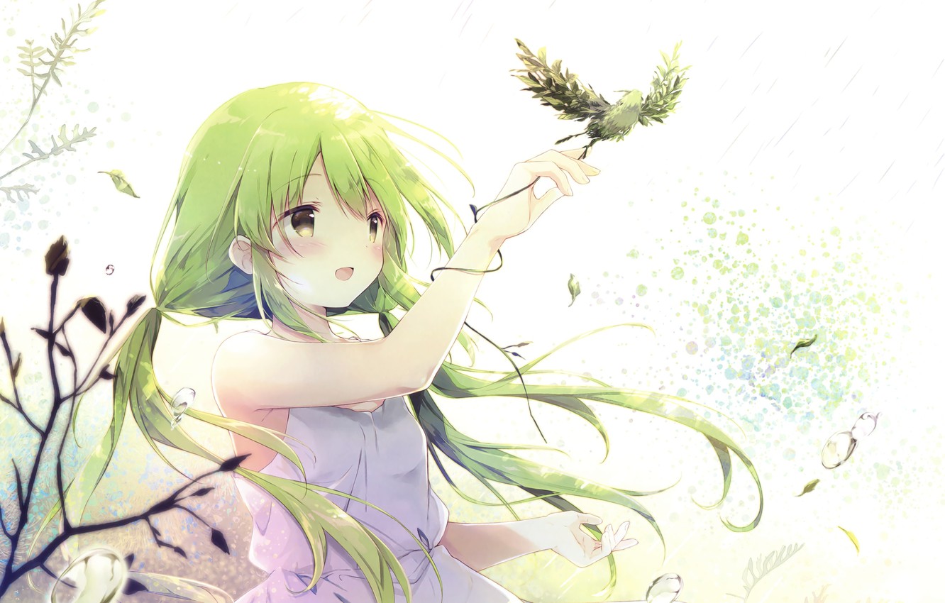 Photo Wallpaper Bird, Girl, Anime, Green Hair - Little Anime Girl With Green Hair - HD Wallpaper 