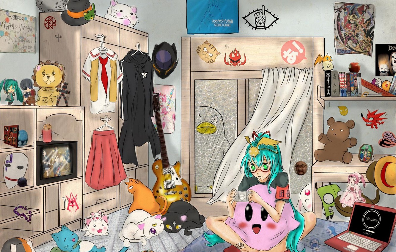 Photo Wallpaper Girl, Guitar, Anime, Art, Laptop, Vocaloid, - Anime Otaku Otaku Room - HD Wallpaper 