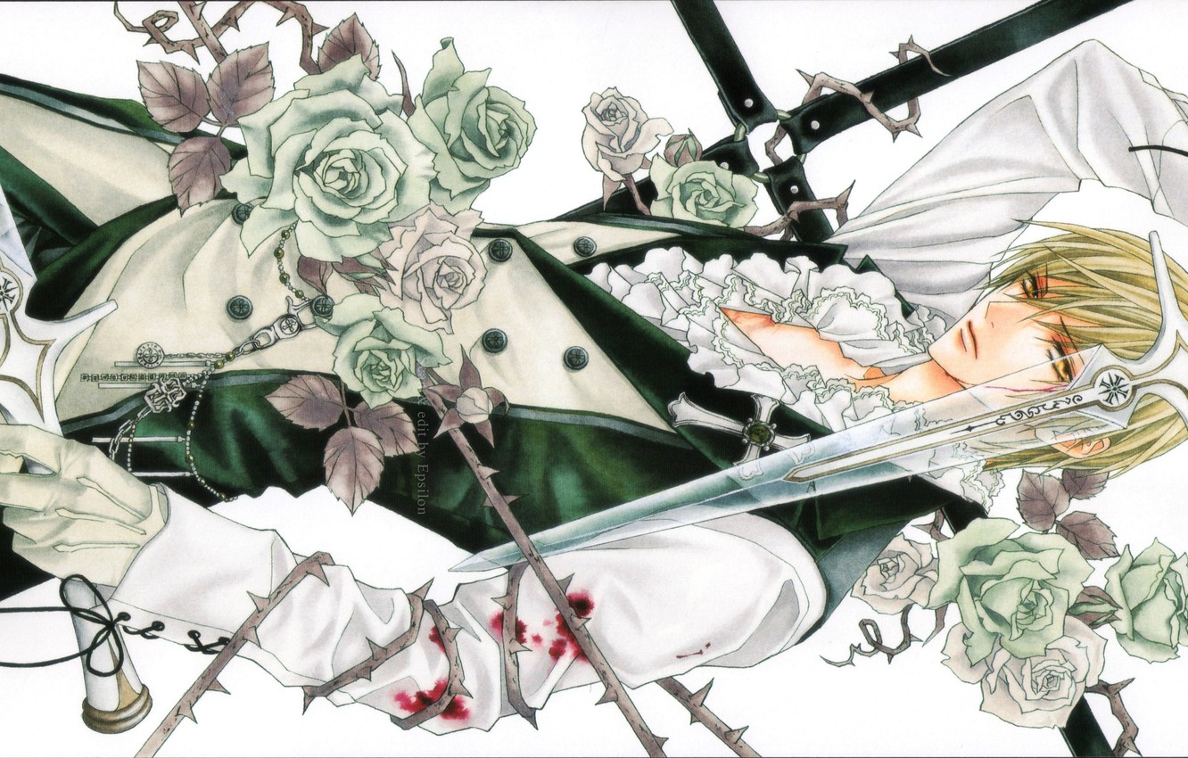 Photo Wallpaper Blood, Sword, White Roses, Art, White - Illustration - HD Wallpaper 