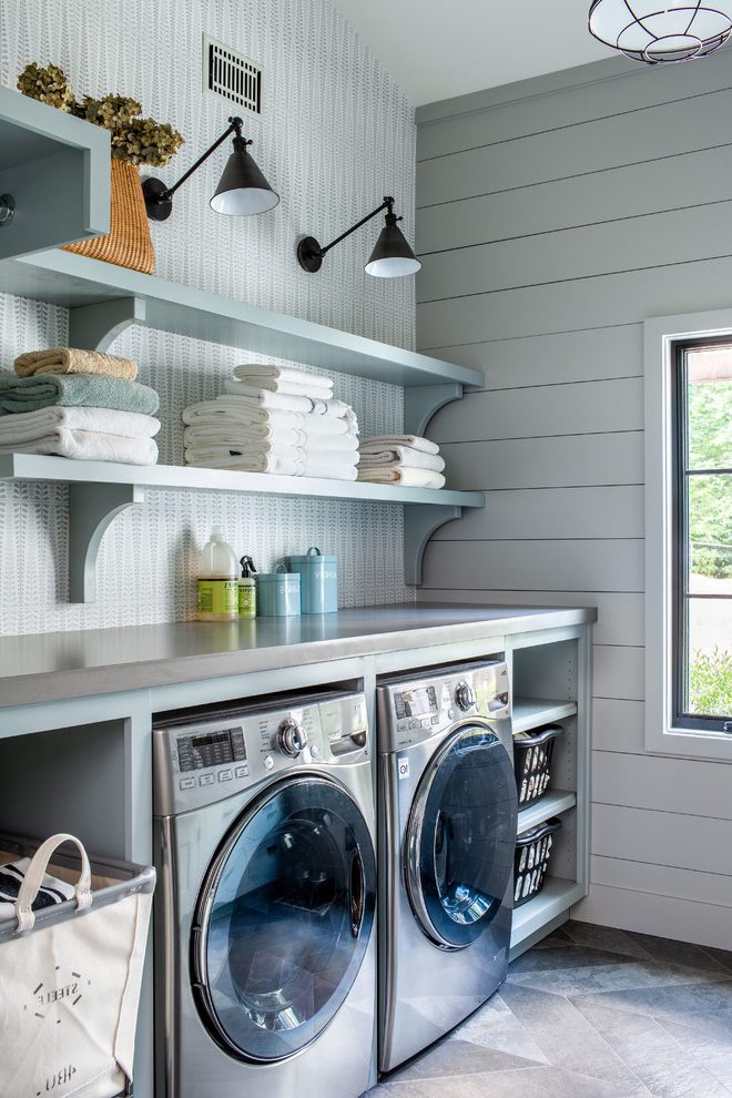 Brilliant Grey Metallic Wallpaper Farmhouse Laundry - Kitchen - HD Wallpaper 