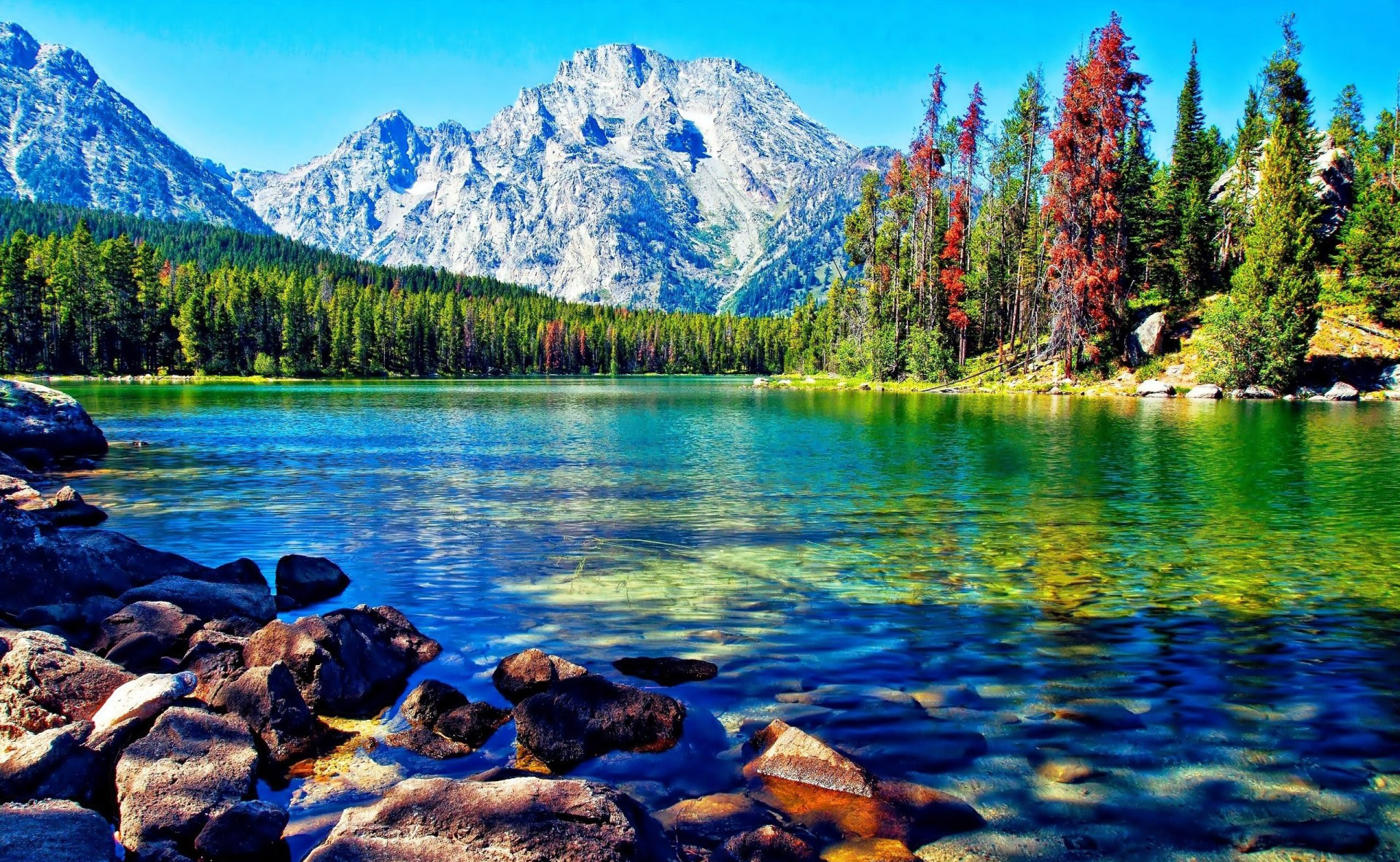 Beautiful Lake Mountain Forest Desktop Wallpapers - Mountains Desktop Background - HD Wallpaper 