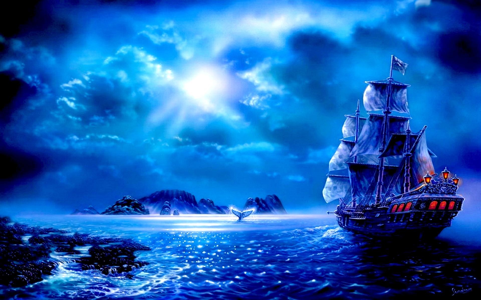 Ship On Ocean At Night - HD Wallpaper 