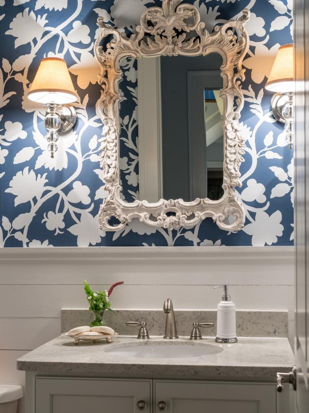 Elegant Transitional Powder Room With Shiplap And Wallpaper - Small Bathroom Shiplap Ideas - HD Wallpaper 