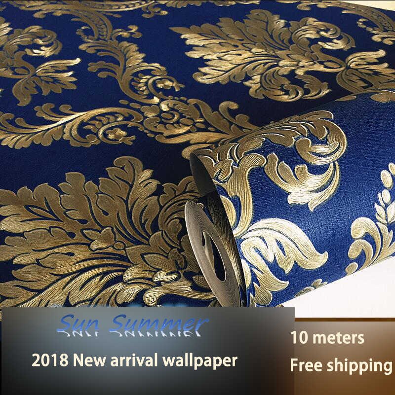 Pvc Navy Blue Deep Embossed Wallpaper European Damask - Damask Blue Living Room - HD Wallpaper 
