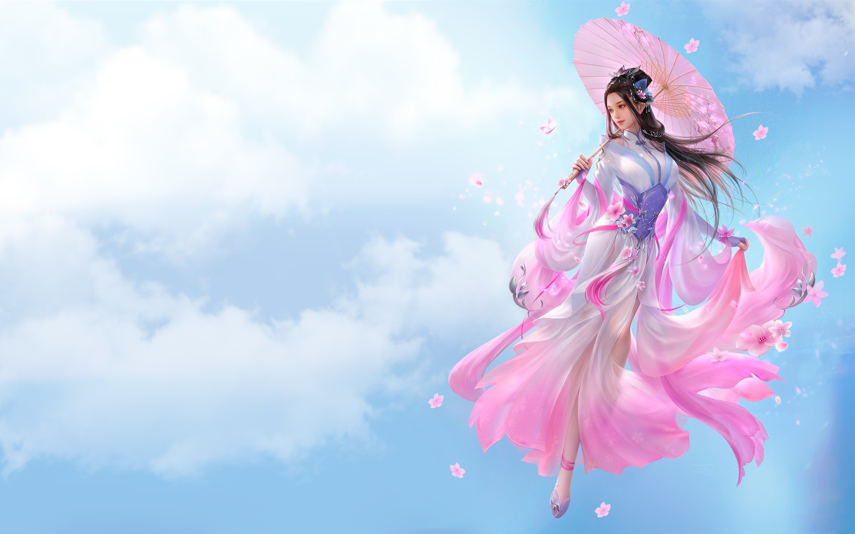 Wallpaper Beautiful Chinese Girl, Fantasy, Pink Skirt, - Fantasy Girl With Umbrella - HD Wallpaper 