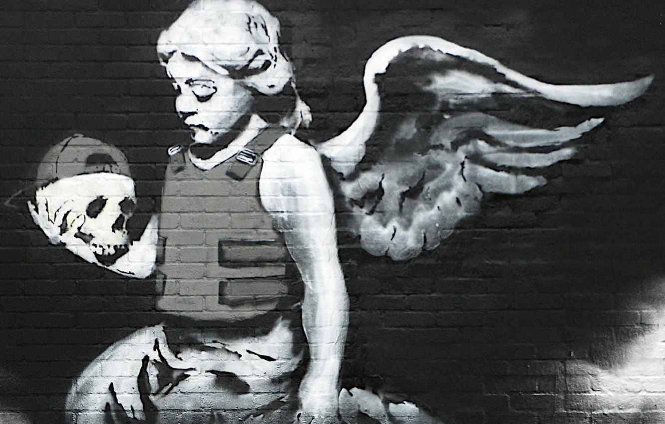 Photo Wallpaper Skull, Angel, Graffiti, Banksy - Angel With Bulletproof Vest - HD Wallpaper 