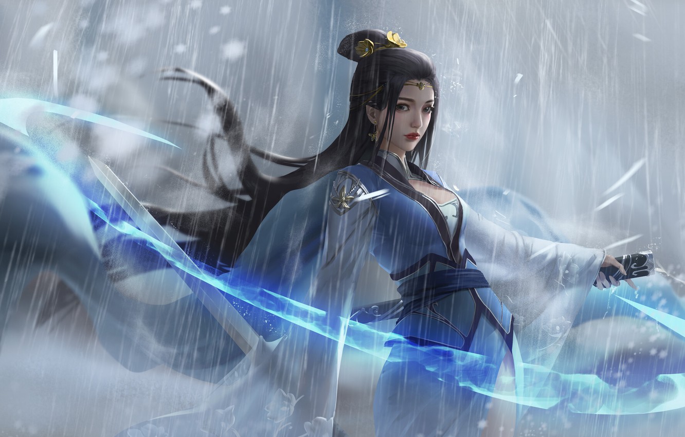 Photo Wallpaper Girl, Rain, Asian, Girl, Sword, Dress, - Chinese Girl Blue Sword Art - HD Wallpaper 