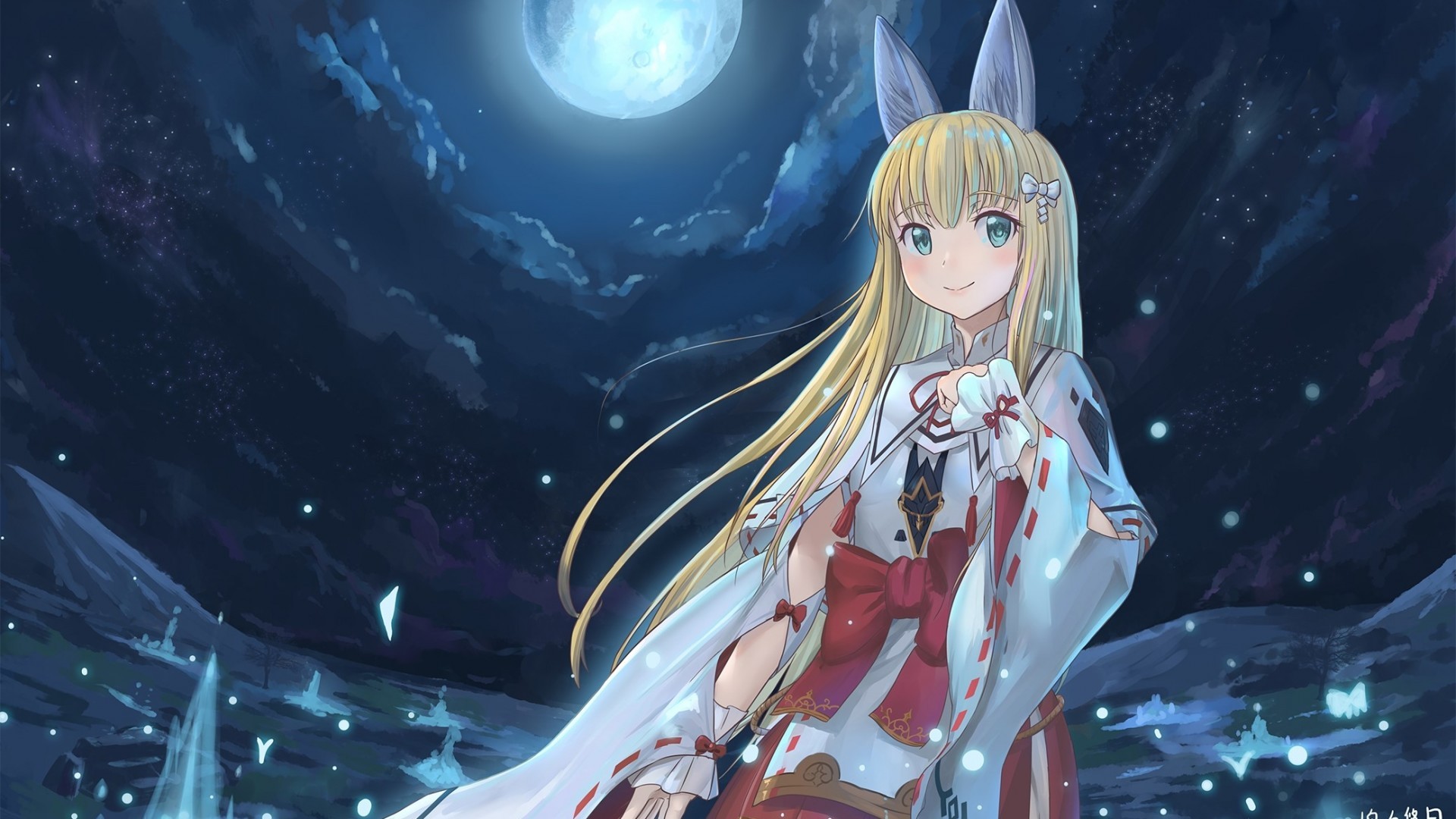 Anime Fox Girl, Moonlight, Animal Ears, Cute, Blonde, - Cute Anime Fox Girl - HD Wallpaper 