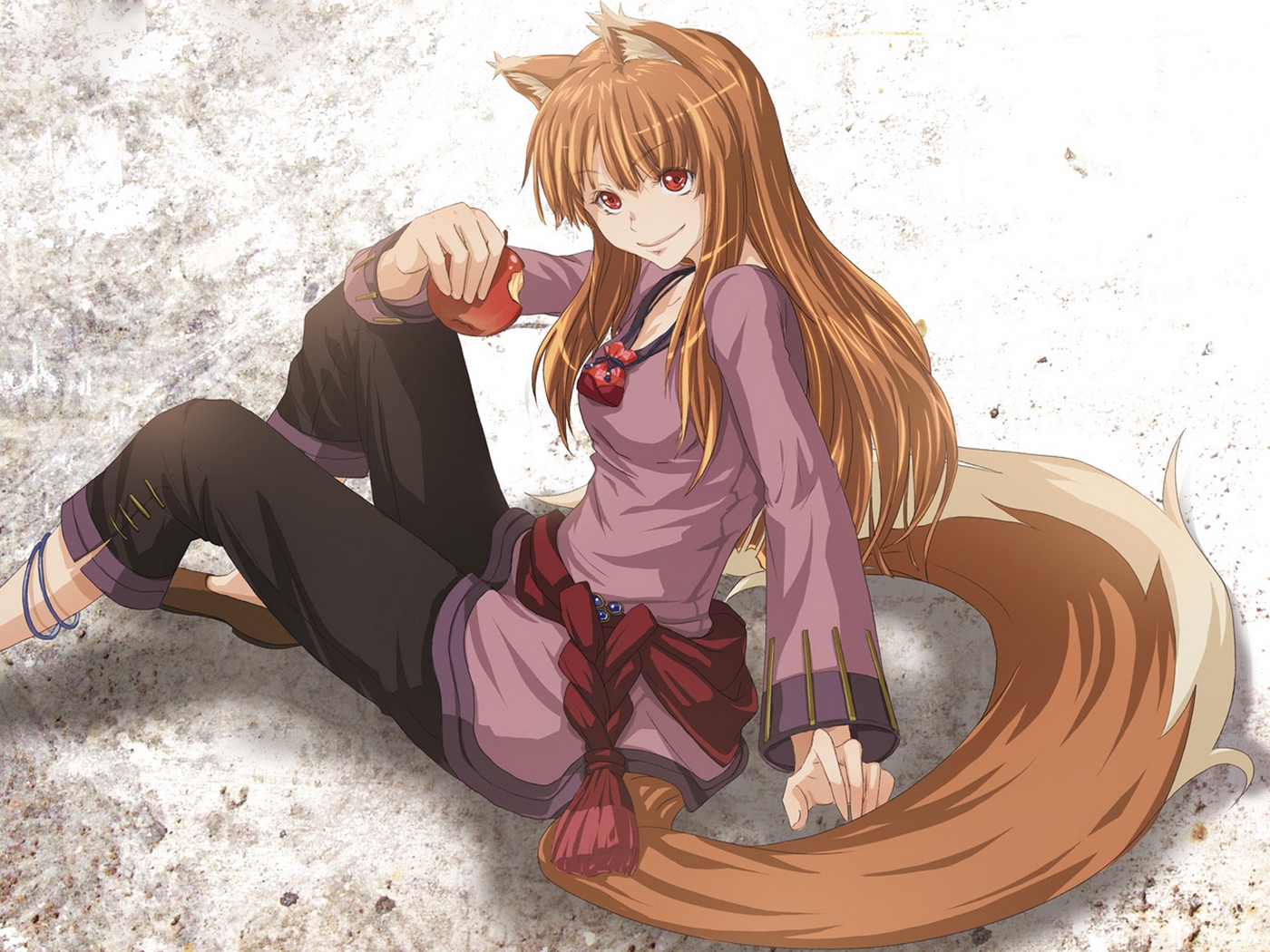 Wallpaper Anime, Girl, Fox, Eating, Apple, Smiling - Spice And Wolf Holo Art - HD Wallpaper 