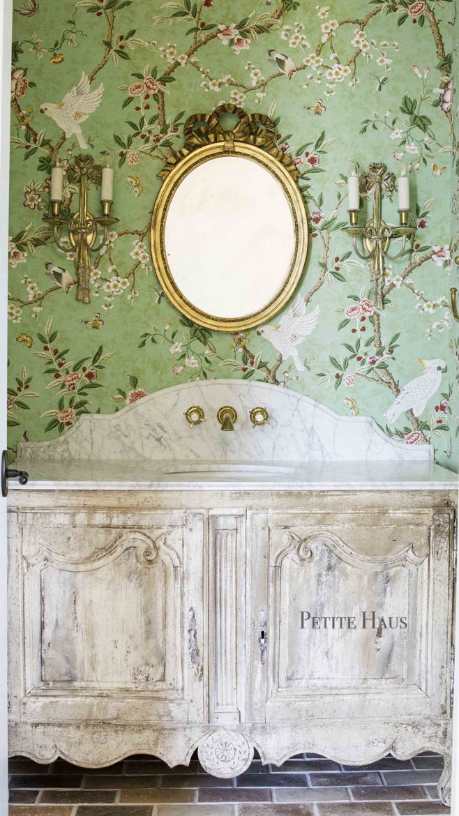 French Country Powder Room With Chinoiserie Wallpaper - HD Wallpaper 