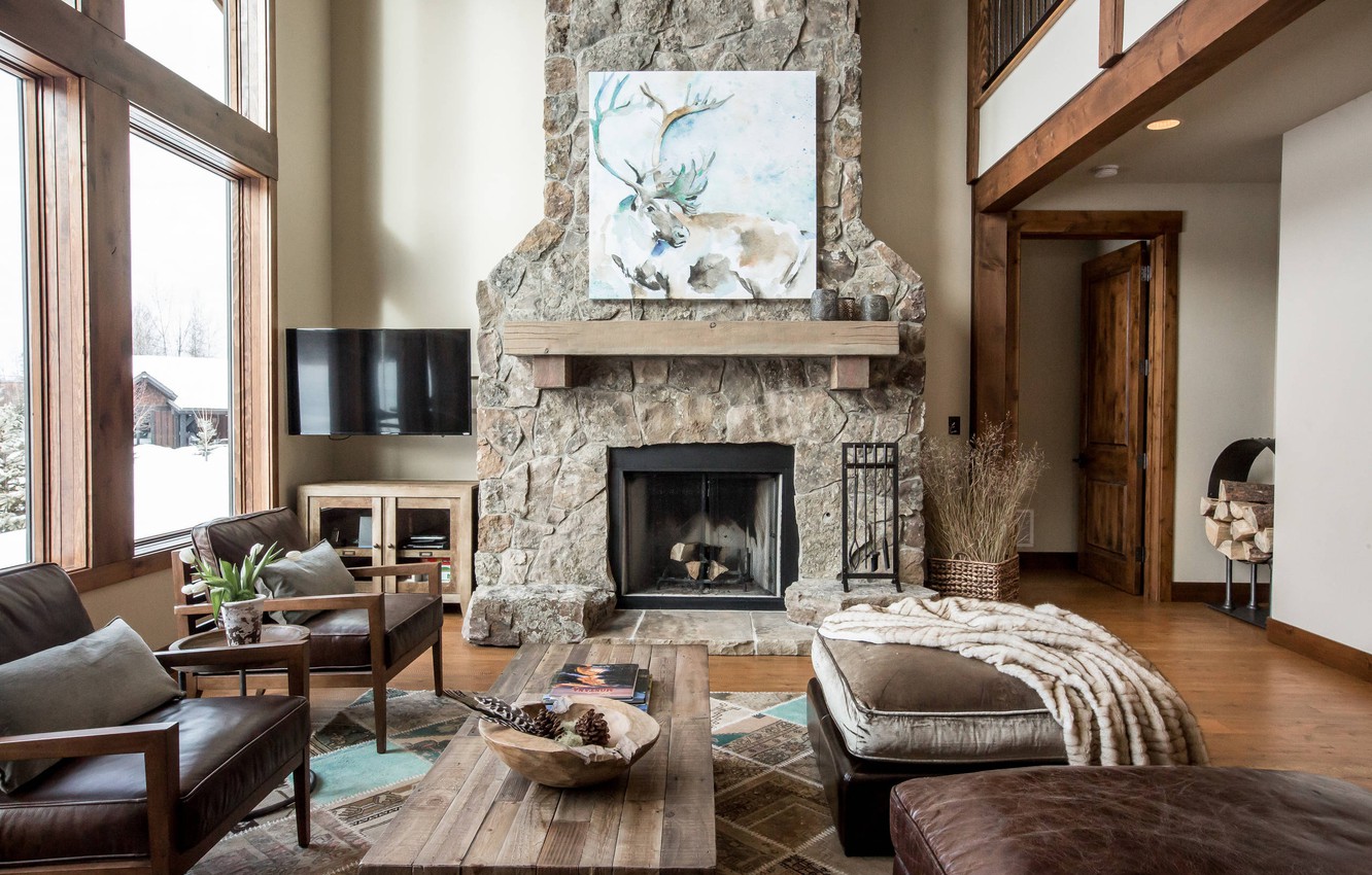 Photo Wallpaper Villa, Interior, Fireplace, Living - Rustic Living Room Style - HD Wallpaper 