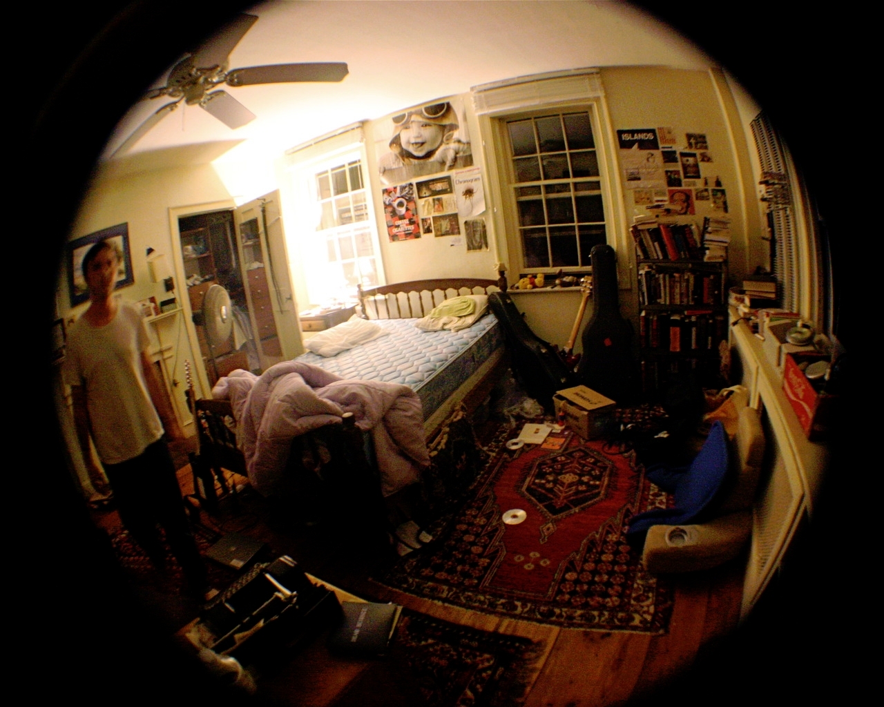 Room Beds Men Books Guitars Bedroom Fisheye Effect - Coffee Books Cigarettes - HD Wallpaper 