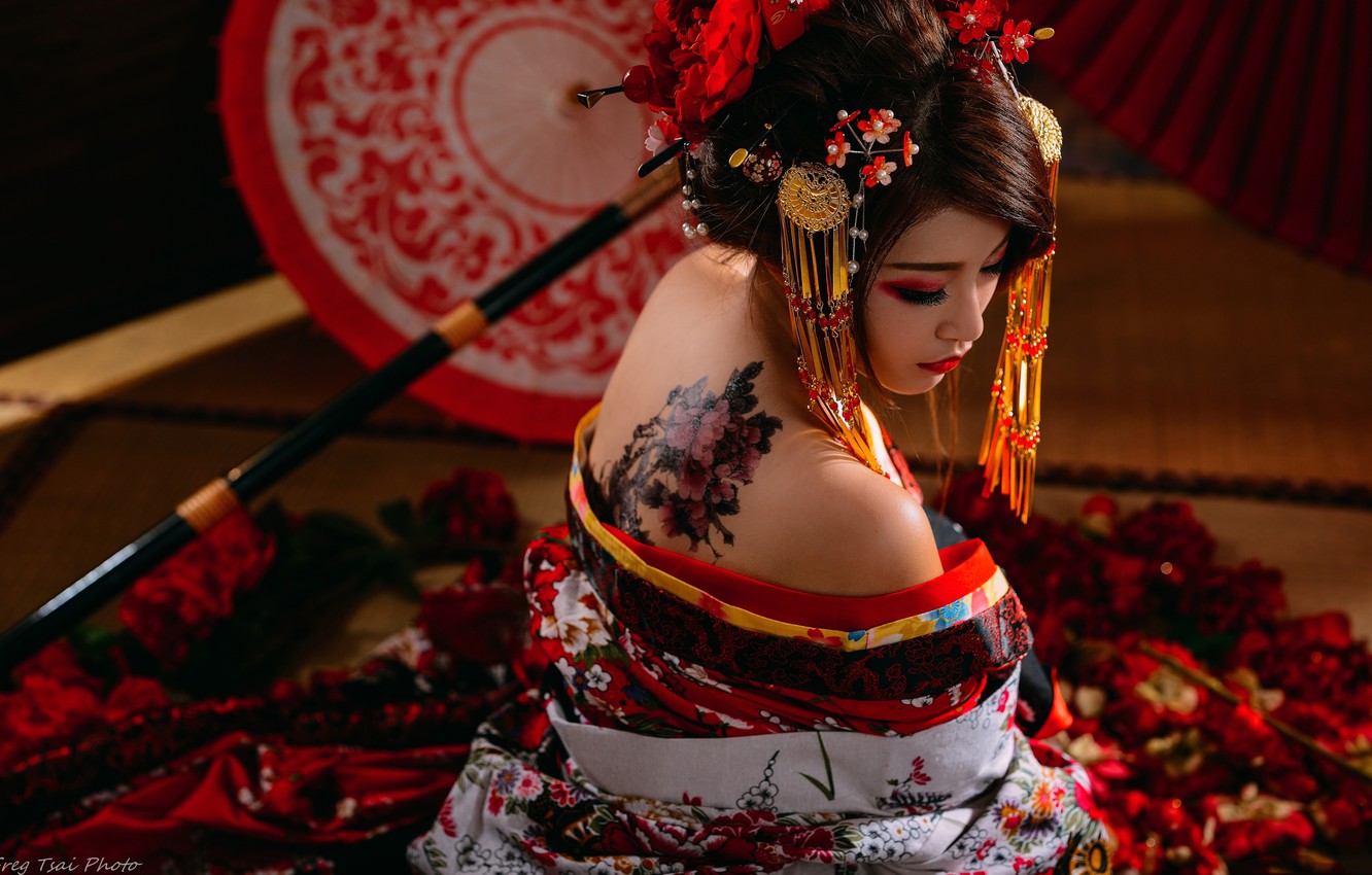 Photo Wallpaper Style, Model, Interior, Umbrella, Japan, - Japanese Girl Tattoo Wallpaper Hd - HD Wallpaper 