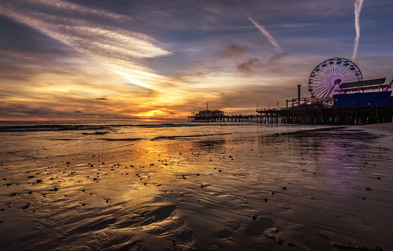 Photo Wallpaper Shore, Ca, Glow, Ferris Wheel, Usa, - Sunset - HD Wallpaper 