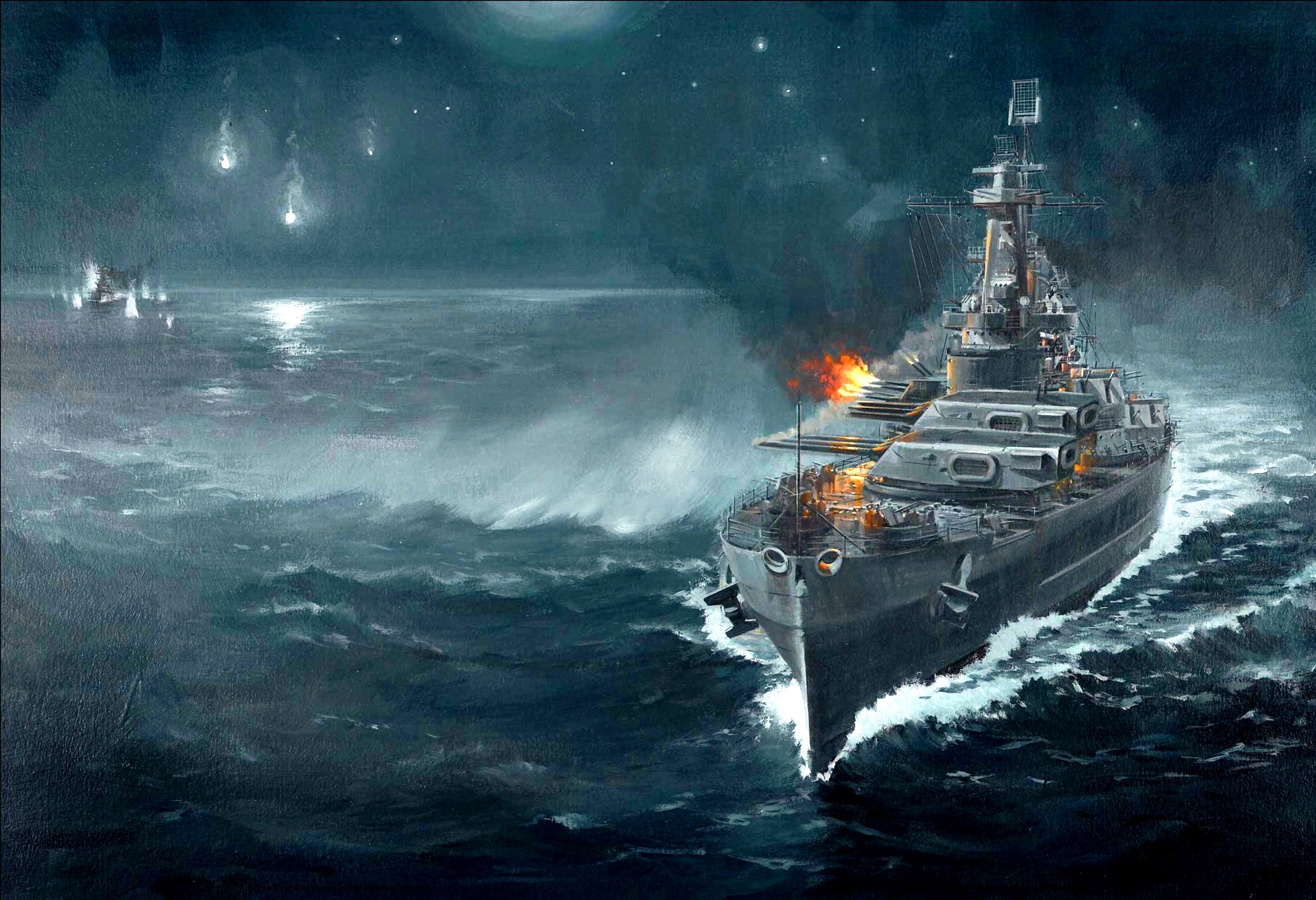Battleship War Battle Ship Boat Military Art Painting - Battle Ship In Sea - HD Wallpaper 
