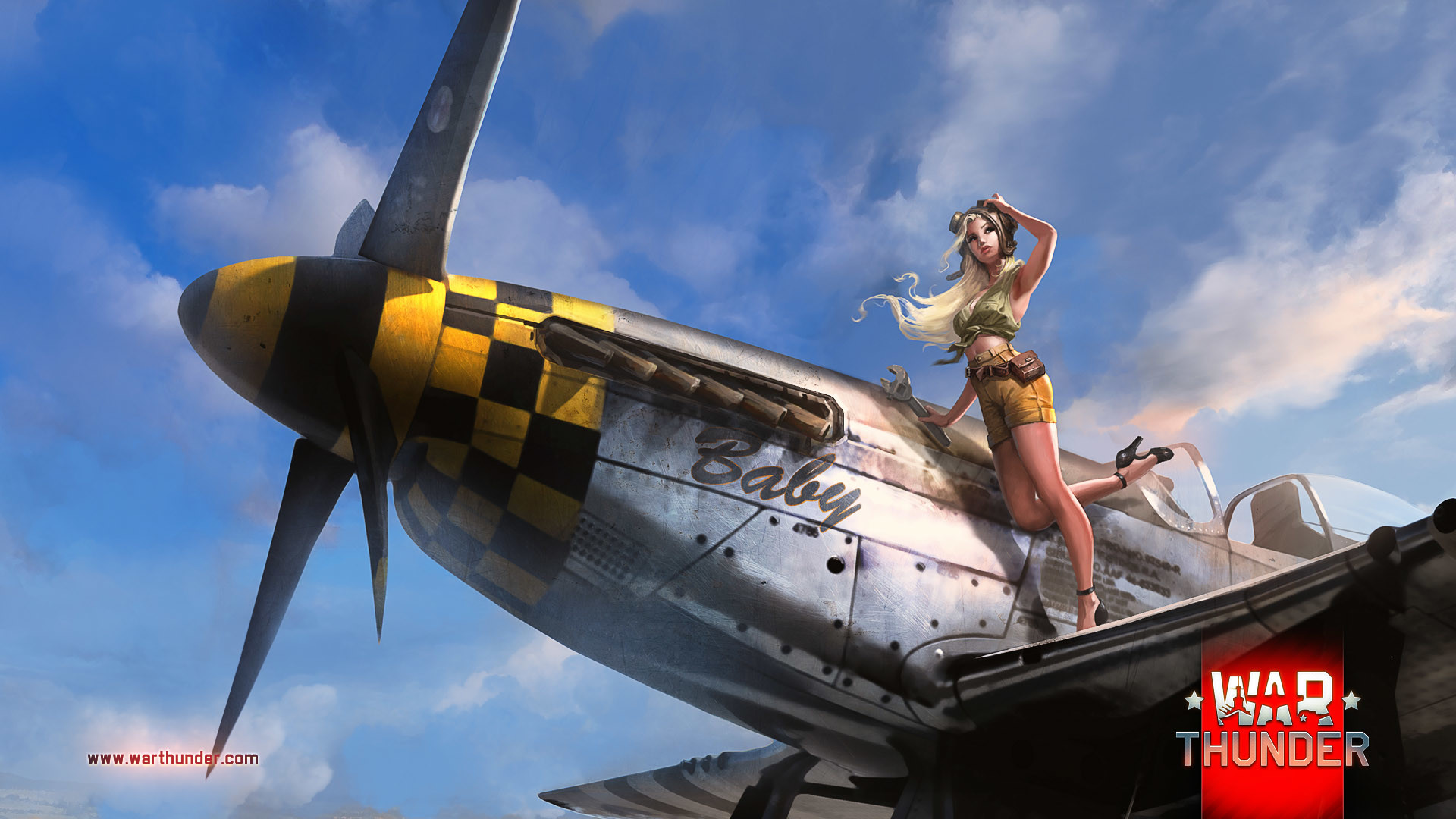 1920x1080, War Thunder Nose Art Blonde Mechanic Drawing - War Thunder Plane Art - HD Wallpaper 