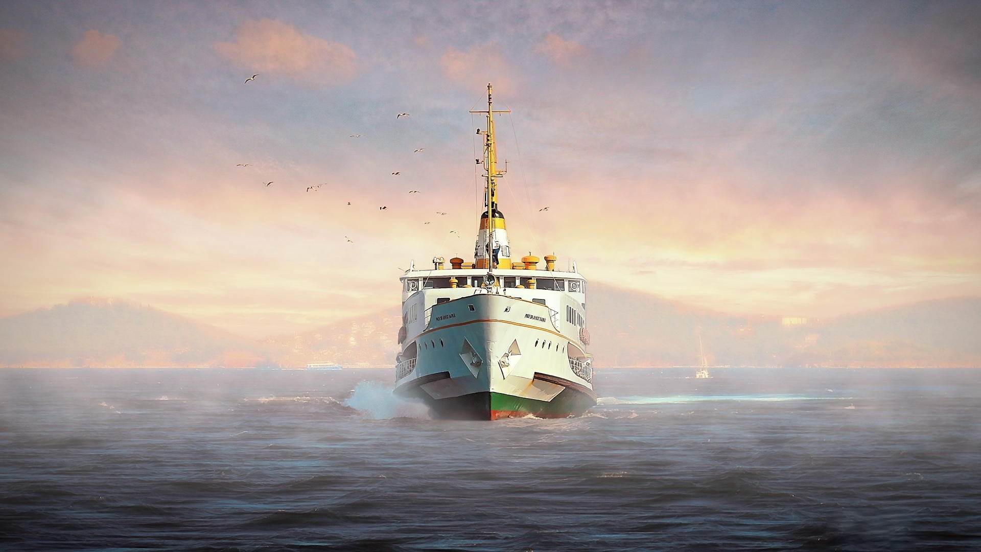Wallpaper Sea, Ship, Vessel, Gulls, Fog, Morning - Sea Ship Hd - HD Wallpaper 