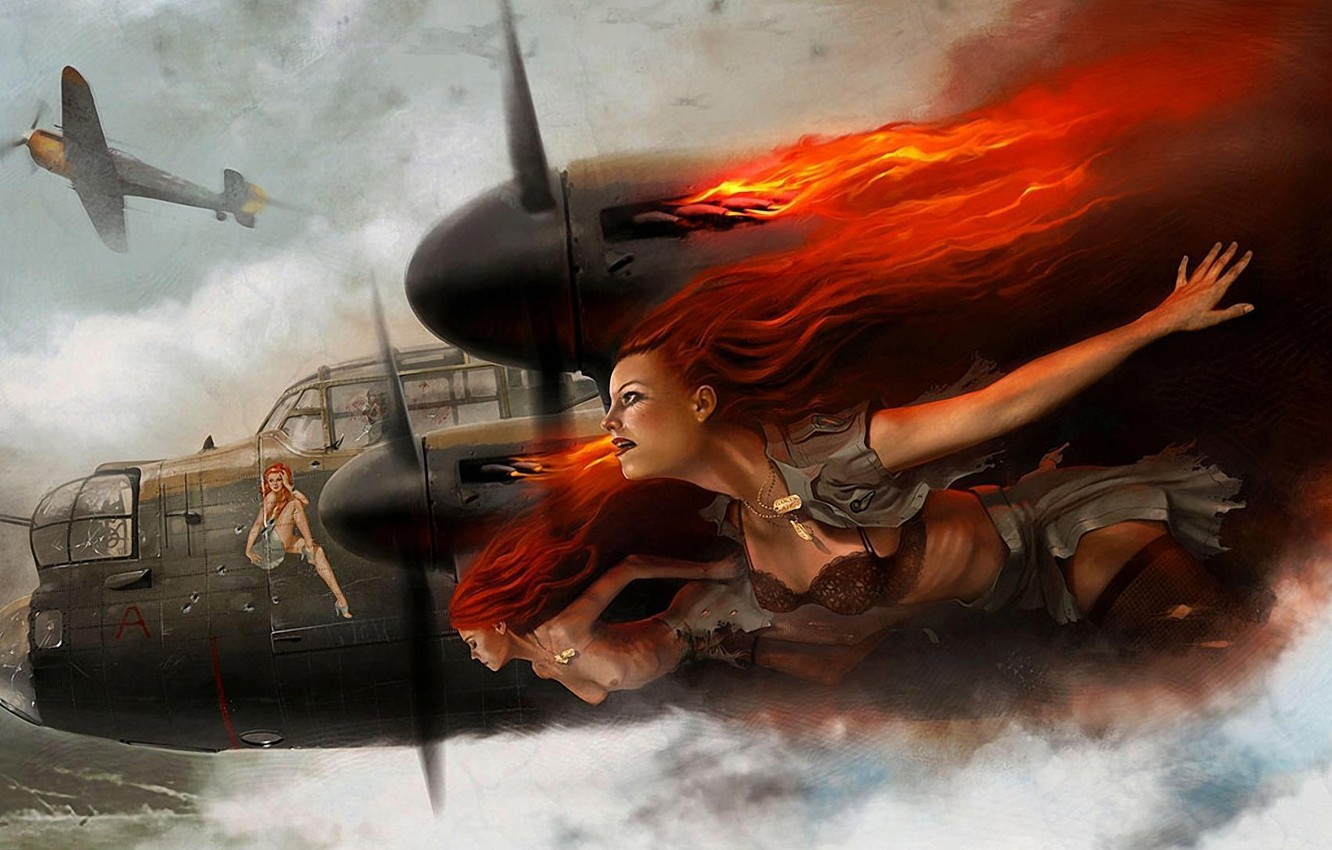 Photo Wallpaper Chest, The Sky, The Plane, Girls, Fire, - Ww2 Planes On Fire - HD Wallpaper 