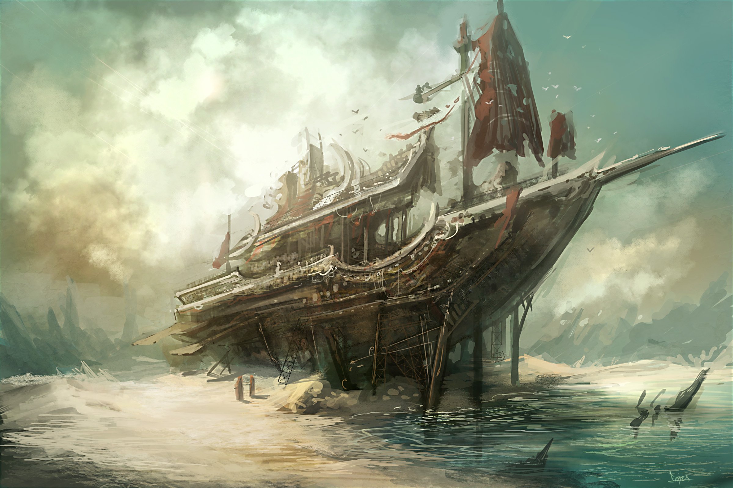 Ship In Sea Art - HD Wallpaper 