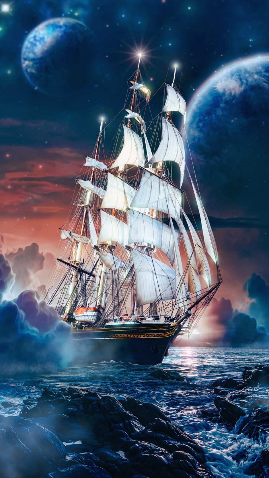 Wallpaper Ship, Sea, Waves, Moon, Stones, Art - Ship Wallpaper Iphone - HD Wallpaper 