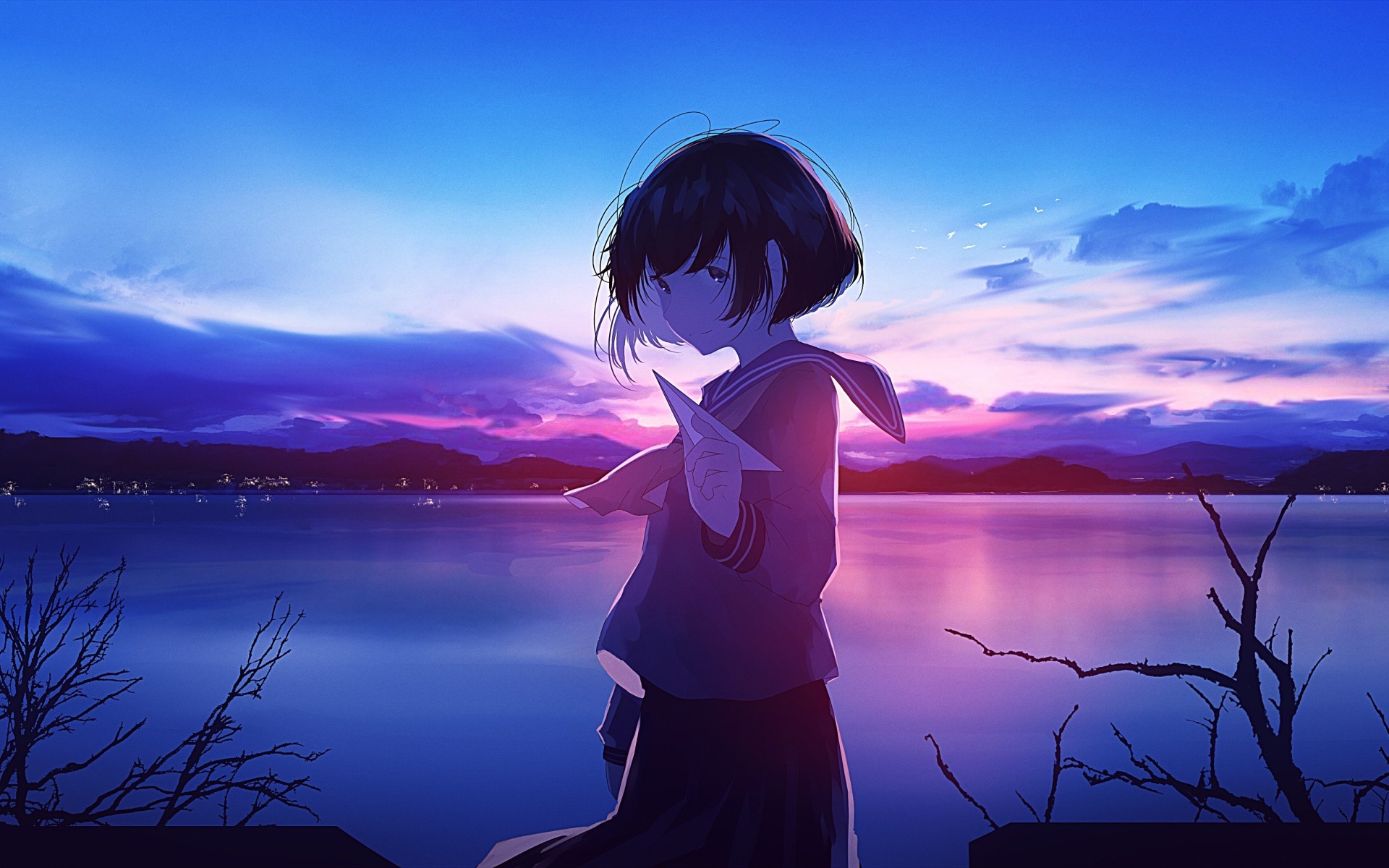 Anime School Girl, Horizon, Short Hair, Twilight, Paper - Beautiful Lonely Anime Girl - HD Wallpaper 