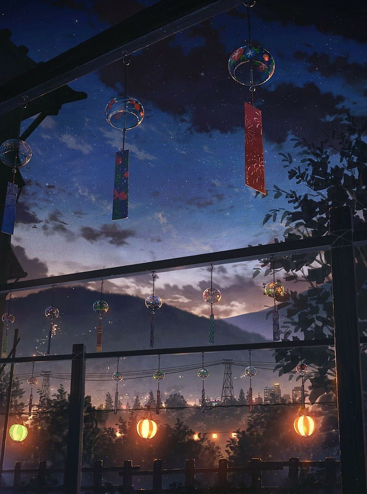 Anime, Nature, Lantern, Dark, Sky, Stars, Hd Wallpaper - Anime Backgrounds - HD Wallpaper 