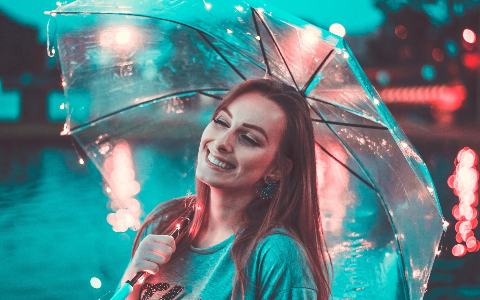 Woman, Smiling, Transparent Umbrella, Bokeh, Lights, - Stylish Girl Wallpaper Hd - HD Wallpaper 