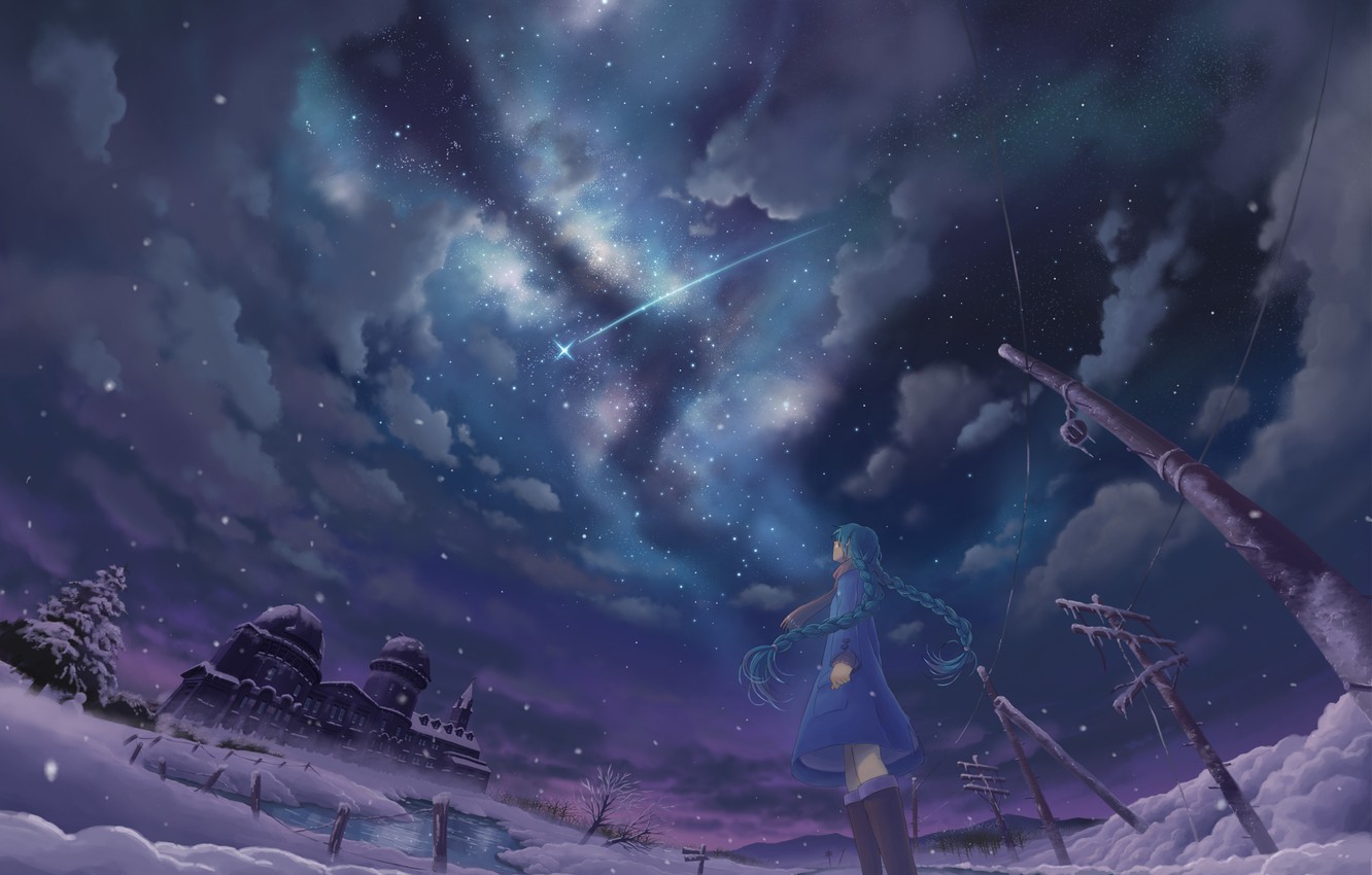 Photo Wallpaper Winter, The Sky, Girl, Stars, Clouds, - Snow Anime Wallpaper 4k - HD Wallpaper 