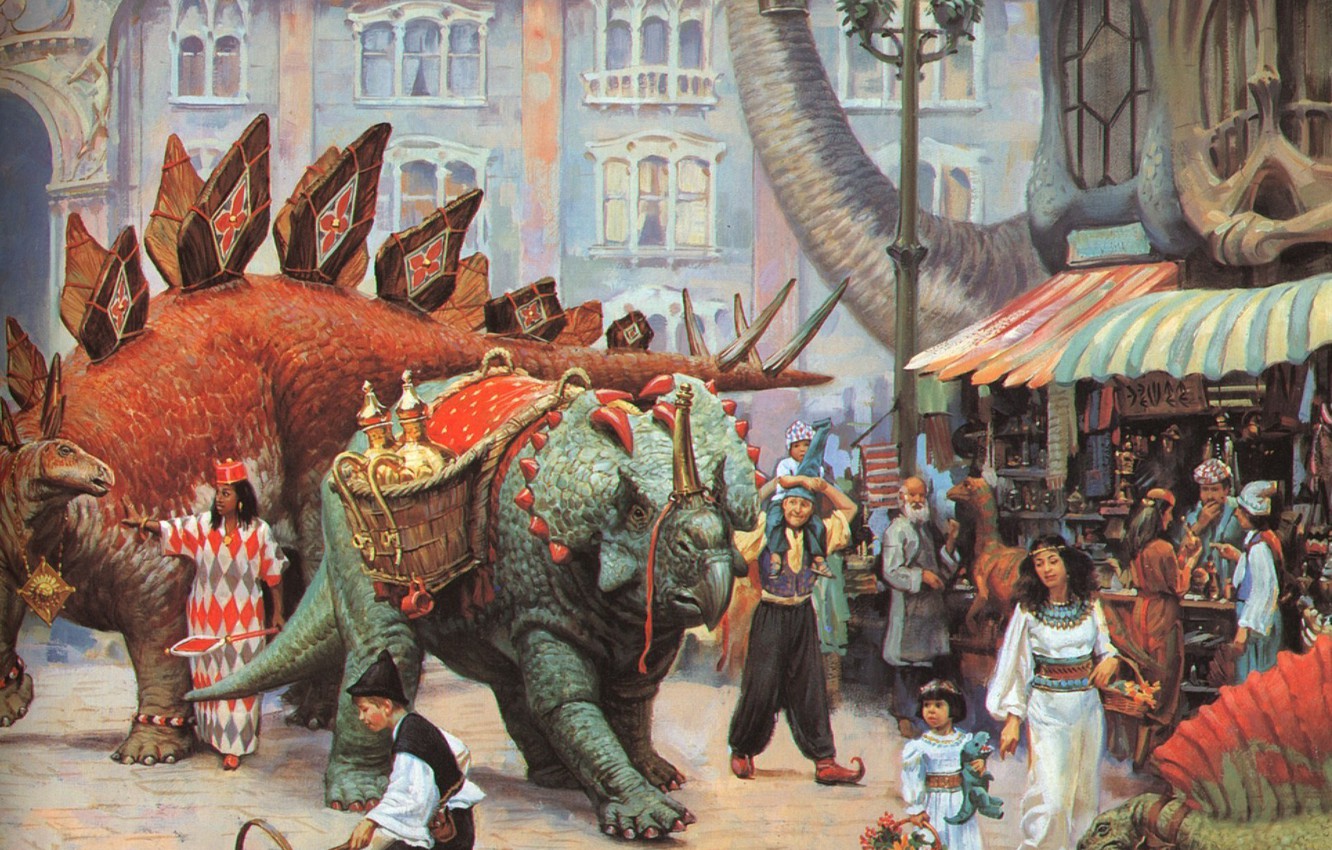 Photo Wallpaper Dinosaurs, Bazaar, Fantastic Painting - James Gurney Dinosaur Boulevard - HD Wallpaper 