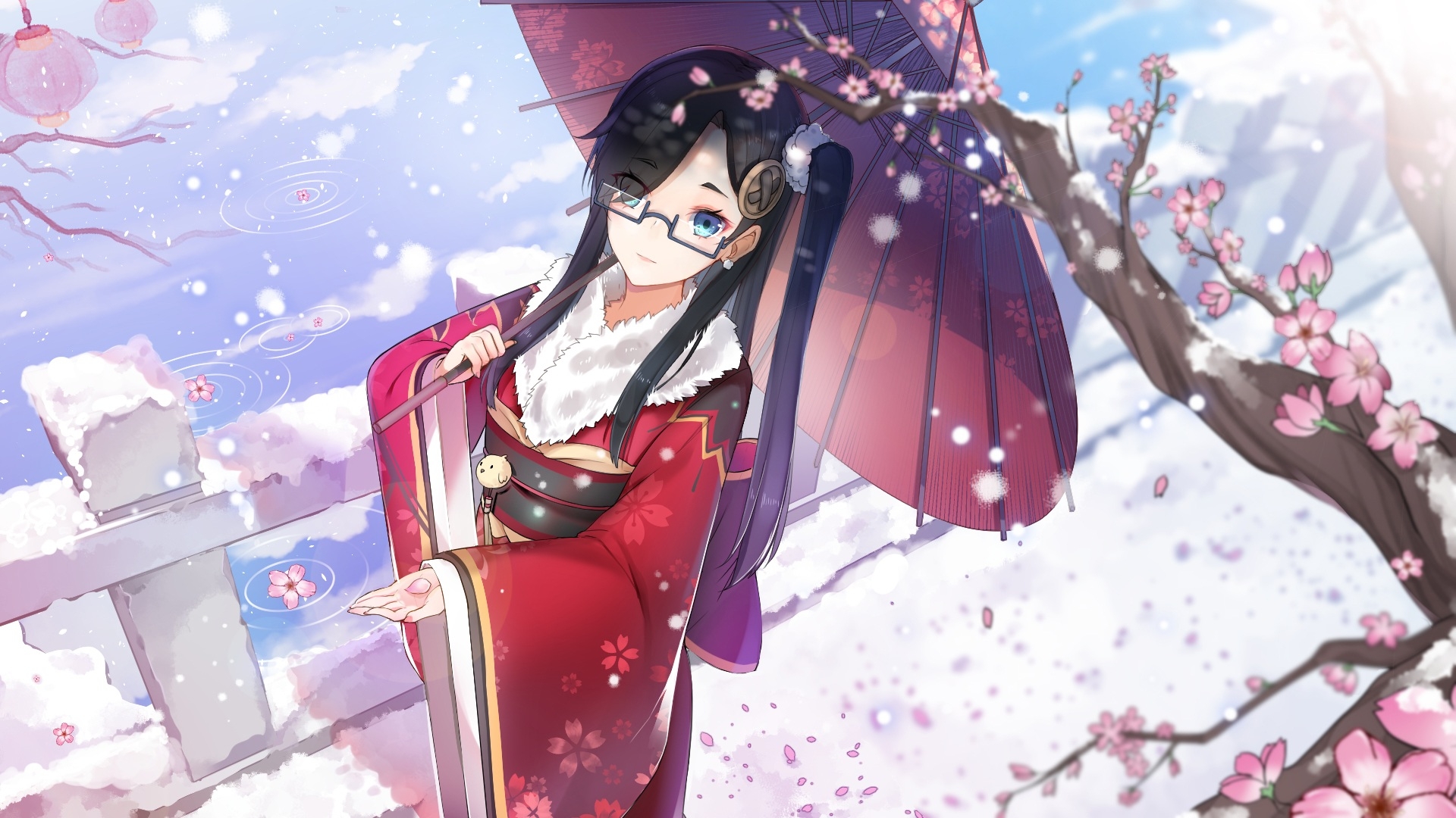 Anime Girl, Kimono, Meganekko, Umbrella, Winter, Snow, - Kimono Anime Girl - HD Wallpaper 