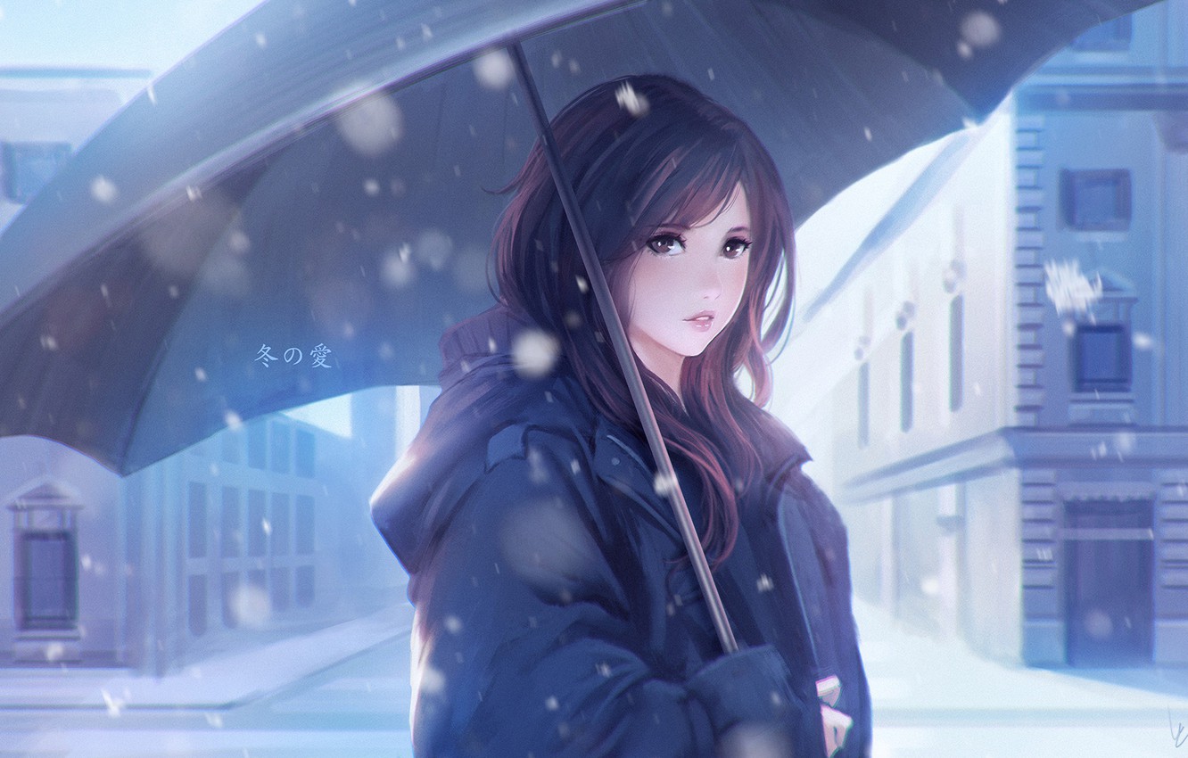 Photo Wallpaper Winter, Snow, Umbrella, Anime, Art, - Anime Girl With Umbrella - HD Wallpaper 