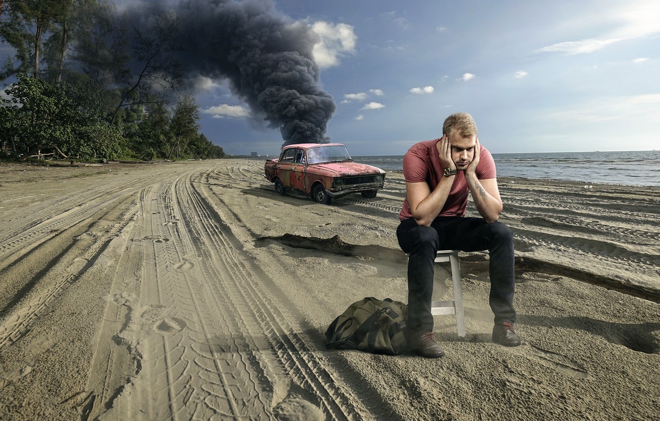 Photo Wallpaper Crash, Beach, Smoke, Guy, Car - Men With Car Hd - HD Wallpaper 