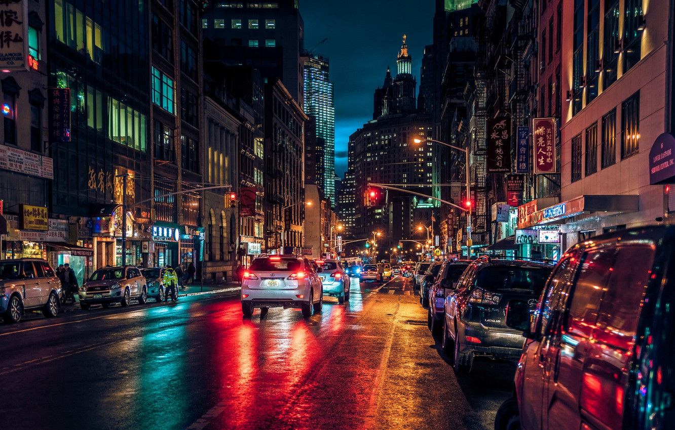 Photo Wallpaper Night, Lights, Street, New York, Manhattan, - New York Street Night - HD Wallpaper 